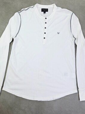 True Religion Size Small Mens White Long Sleeve Chest Logo Black Stitch Henley